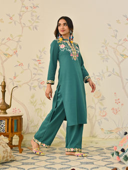 Rustorange - Teal Woollen Aari Embroidered Straight Kurta with Mandarin Collar