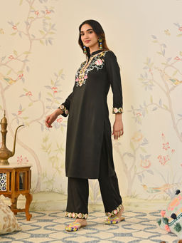 Rustorange - Black Woollen Aari Embroidered Straight Kurta with Mandarin Collar