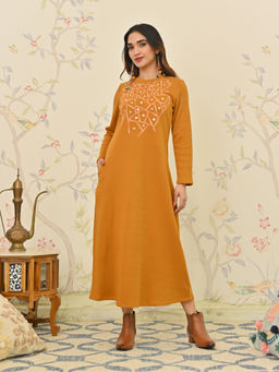Rustorange - Mustard Aari Embroidered Geometric A-line Woollen Dress