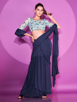 Tikhi Imli - Ready To Wear Navy Blue Lycra Saree with Unstitched Blouse