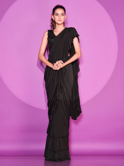 Tikhi Imli - Ready To Wear Black Ruffle Lycra Saree with Unstitched Blouse