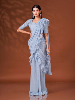 Tikhi Imli - Ready To Wear Powder Blue Colour Pleated Ruffle Saree with Unstitched Blouse