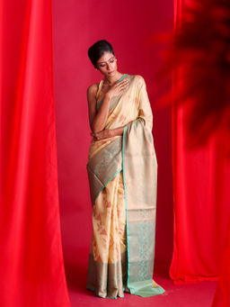 Beatitude - Cream Woven Banarasi Saree with Unstitched Blouse
