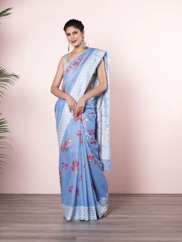 Beatitude - Blue White Floral Saree with Unstitched Blouse