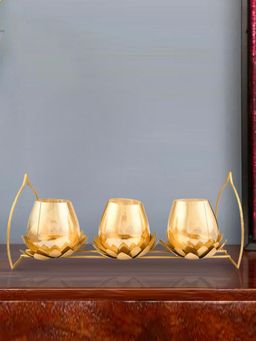 At Home by Nilkamal - Trio Lotus Metal & Glass Candle Stand Gold