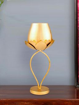 At Home by Nilkamal - Decorative Lotus Metal & Glass Large Candle Holder Gold
