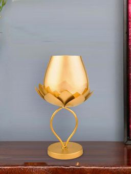 At Home by Nilkamal - Decorative Lotus Metal & Glass Small Candle Holder Gold