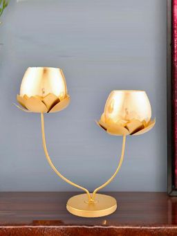 At Home by Nilkamal - Lotus Branch Metal & Glass Candle Holder Gold