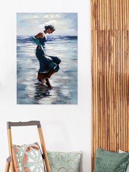 At Home by Nilkamal - Lady Near The Shore Canvas Wall Painting Blue