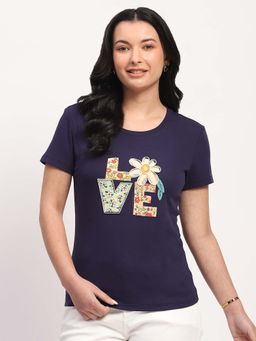 Global Republic - Navy Blue Cotton Blend Embroidered T-Shirt
