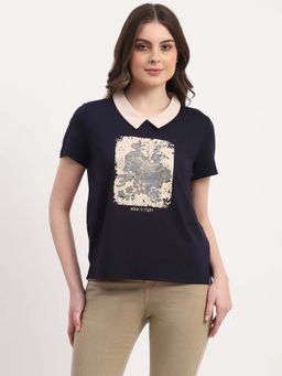 Global Republic - Navy Blue Viscose Blend Graphic Top