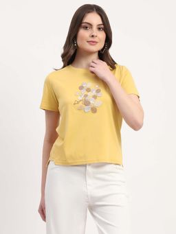 Global Republic - Yellow Cotton Blend Embroidered T-Shirt