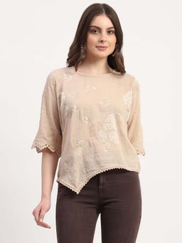 Global Republic - Beige Linen Blend Embroidered Top