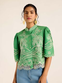 Label Ritu Kumar - Green Cotton,Cambric Embroidered Top