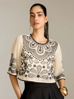 Label Ritu Kumar - Off White Cotton Embroidered Crop Top