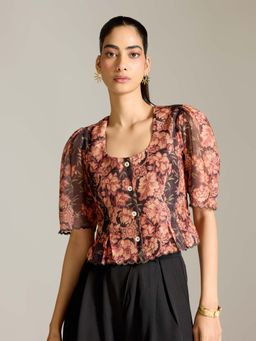 Label Ritu Kumar - Black Polyester Printed Top
