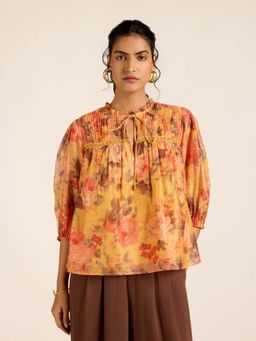 Label Ritu Kumar - Mustard Polyester Floral Top