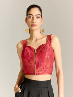 Label Ritu Kumar - Red Polyester,Jacquard Embroidered Crop Top