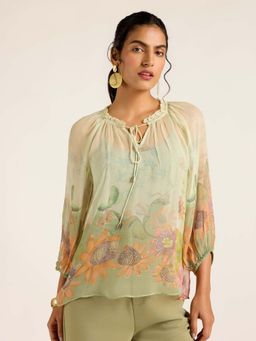 Label Ritu Kumar - Green Viscose,Chiffon Printed Top with Camisole