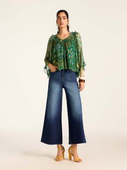 Label Ritu Kumar - Green Viscose,Chiffon Printed Top