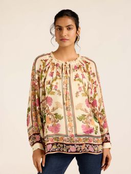 Label Ritu Kumar - White Viscose,Georgette,Lycra Printed Top with Camisole