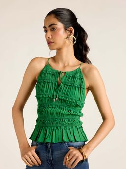 Label Ritu Kumar - Green Viscose,Crepe Solid Crop Top