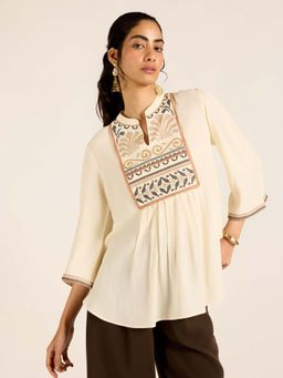 Label Ritu Kumar - Off White Viscose,Crepe Embroidered Top