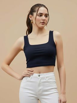 Glito - Navy Blue Cotton Solid Crop Top