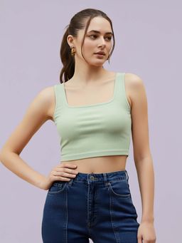 Glito - Green Cotton Solid Crop Top