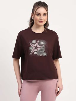 Global Republic - Wine Cotton Blend Embellished T-Shirt