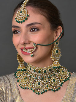 Sohi - Gold Plated Green White Kundan Studded Beaded Jewellery (Set of 3)