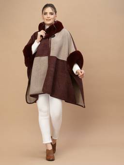 Mafadeny - Women Colorblock Long Sleeves Round Neck Viscose Maroon Poncho
