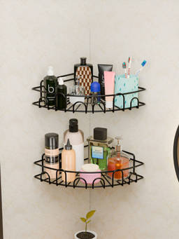 Kuber Industries - Black Metal Adhesive Bathroom Shelves with Screws (Pack of 2)