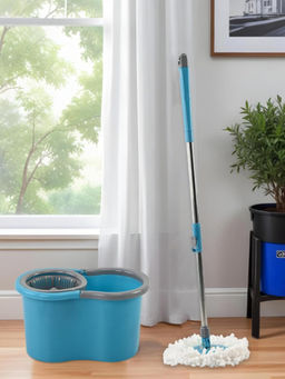 Kuber Industries - Blue Plastic Spin Mop Bucket & Extendable Handle Moppers with 2 Refills