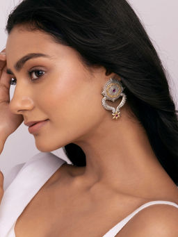 Indya - Dual Tone Pink Stone Floral Motif Dangler Earrings