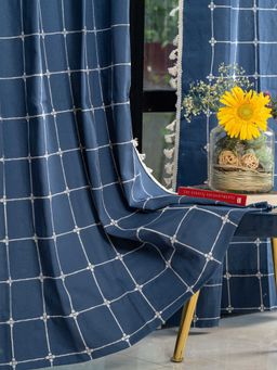 Urban Space - Boho Cotton Window Curtain with Eyelets & Tieback 1 Piece Aura Indigo Checks