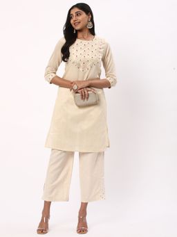 R&B - Women Ivory Polyester Round Neck Kurta