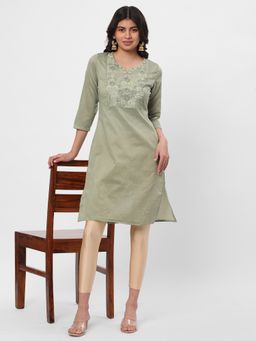 R&B - Women Olive Polyester Blend Round Neck Kurta