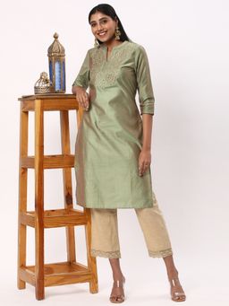 R&B - Women Green Polyester Mandarin Neck Kurta