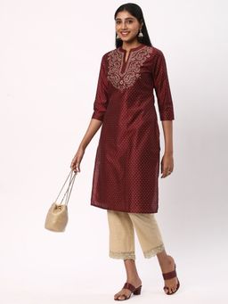 R&B - Women Maroon Polyester Mandarin Neck Kurta
