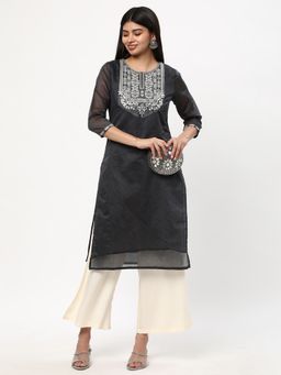 R&B - Women Grey Polyester Round Neck Kurta