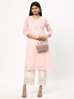 R&B - Women Pink Polyester Round Neck Kurta