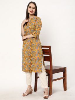 R&B - Women Mustard Cotton Mandarin Neck Kurta