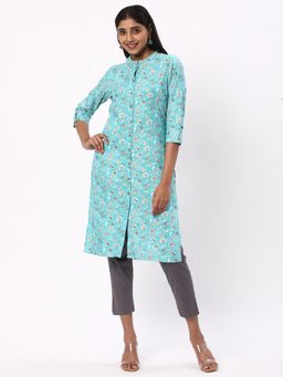 R&B - Women Blue Cotton Mandarin Neck Kurta