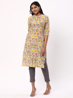 R&B - Women Yellow Cotton Mandarin Neck Kurta