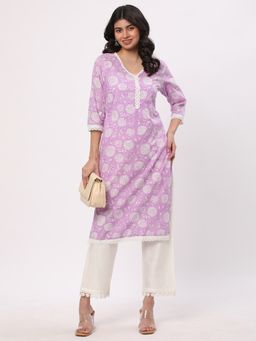 R&B - Women Lavender Cotton V-Neck Kurta