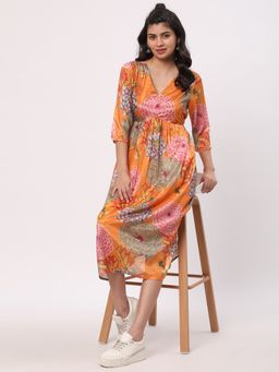 R&B - Women Orange Polyester Blend V-Neck Kurta