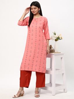 R&B - Women Coral Rayon Keyhole Neck Kurta