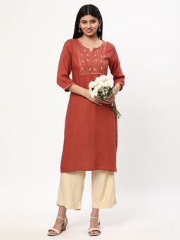 R&B - Women Rust Rayon Round Neck Kurta