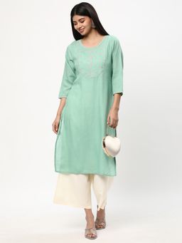 R&B - Women Green Rayon Round Neck Kurta